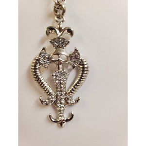 Men Silvertone Rhinestone Embellished Skull Cross Necklace w/24 Inch Chain
